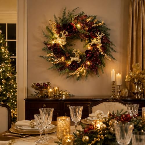 svndlyn 22 inch lighted burgundy christmas wreath with on a desk or shelf