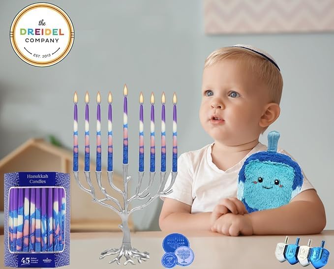 The Dreidel Company 45 Dripless Hanukkah Candles Blue and Pink Multi Splash, Premium Tapered Hand Decorated 1-Hour Burn Time Deluxe Tapered Hanukkah Candles