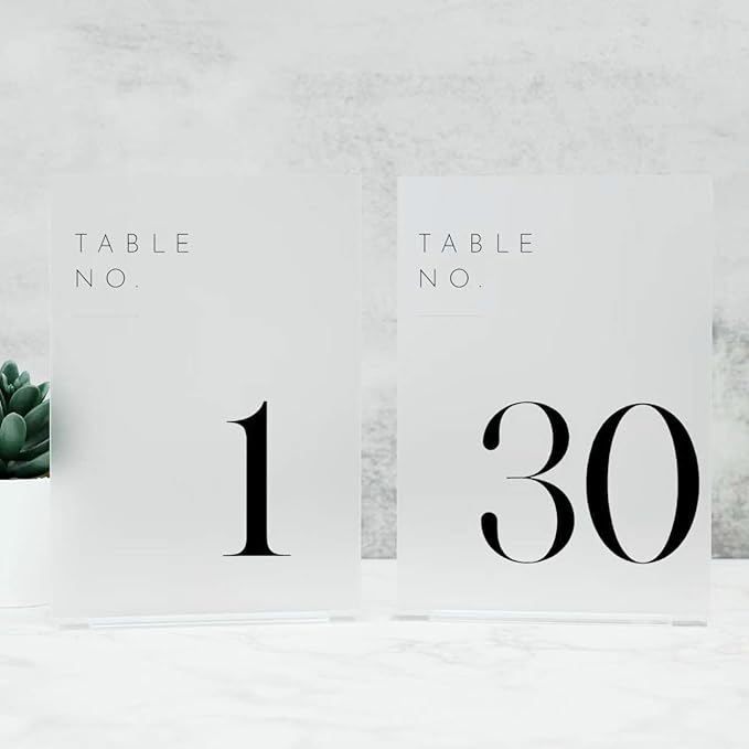 JINMURY Frosted Wedding Table Numbers 1-30 with Stands, 5"x7" Frosted Acrylic Table Numbers, Perfect for Wedding Reception, Party, Anniversary, Event (1-30, 5"x7")