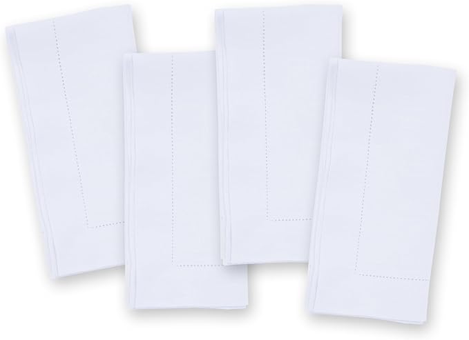 100% Pure Linen White Napkins 20 x 20 Inch - Hemstitch Christmas Dinner Napkins Set of 4 - Cloth Fabric Napkins for Thanksgiving, Winter, New Year - Elara