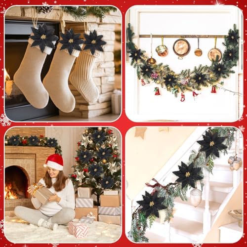 thiccywoov 16 pcs 9.8" black poinsettia christmas ornaments on a desk or shelf