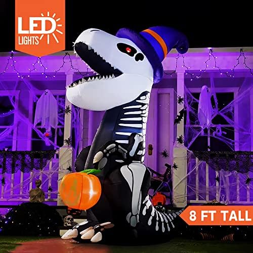 joiedomi 8 ft halloween inflatable skeleton dinosaur with shown in use