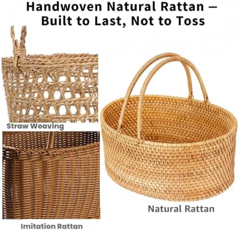 rattan picnic basket with handle, 12.6x9x5 in handwoven showing dimensions
