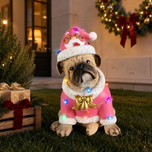 lighted christmas bulldog statue, pink outfit, view 9