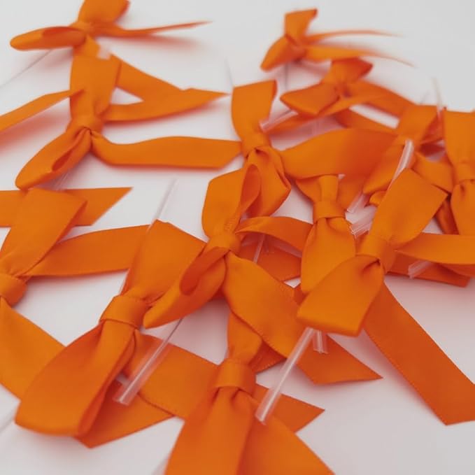 50pcs 2-1/2" Orange Twist Ties Satin Ribbon Bows in Pumpkin Color for Thanks Giving Halloween Wrapping Twist Tie Bows Hot Cutting(Orange)