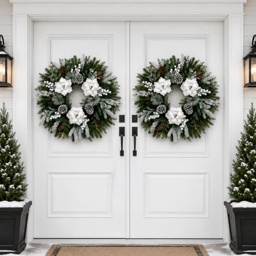 28inch winter wreath for front door, frosted magnolia, view 9