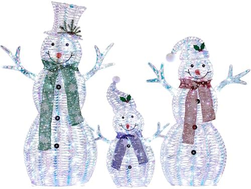 large christmas snowman family decorations with iridescent rattan shown in use