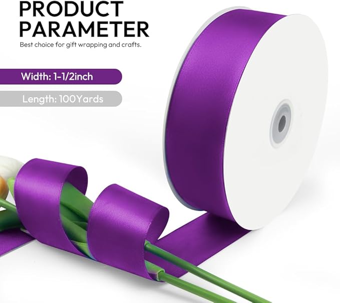 1-1/2 Inch 100 Yards Satin Ribbon Purple, Solid Color Fabric Ribbon for Gift Wrapping, Wedding, Polyester Gift Ribbon for Birthday Party Decoration, Craft, Hair, Floral, Sewing