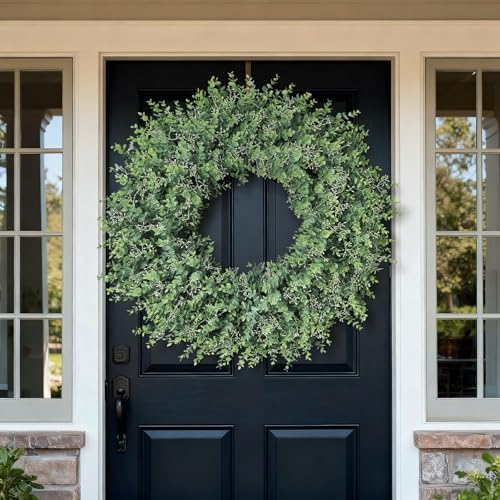 32'' artificial eucalyptus wreath with seeds for front shown in use