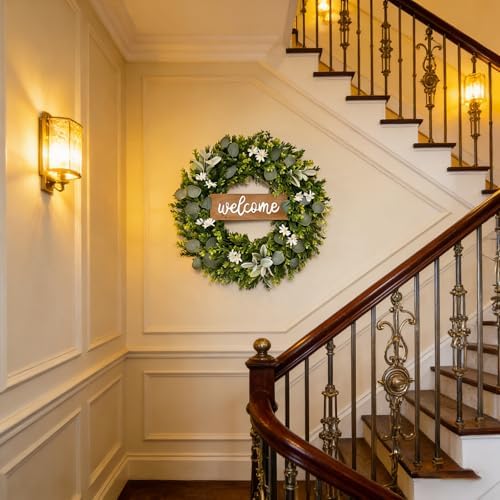 24inch spring wreaths for front door, faux boxwood on a desk or shelf