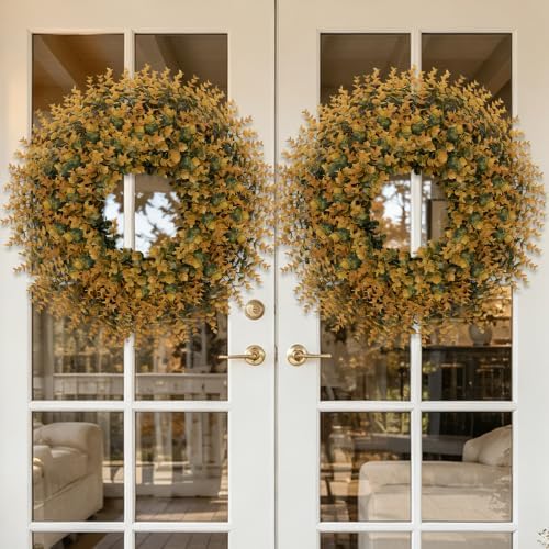 26" artificial fall boxwood wreath for front door on a desk or shelf
