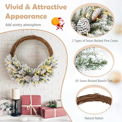goflame 24” pre-lit artificial christmas wreath, snow flocked, close-up detail