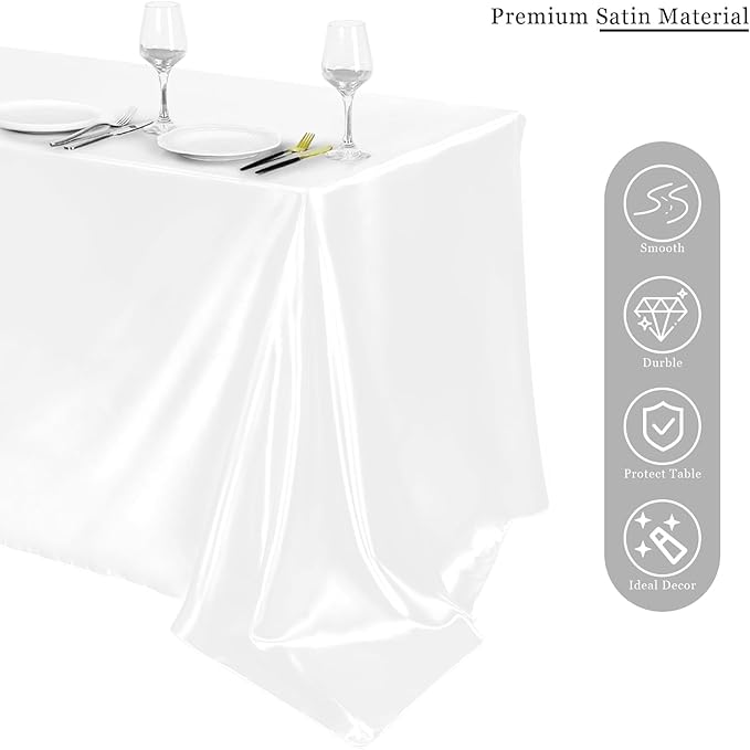 TURSTIN 4 Packs Satin Tablecloth 102 x 58 Inch Overlay Satin Table Cover Rectangle Bright Silk Tablecloth Smooth Fabric Table Decoration for Wedding Banquet Party Events, White