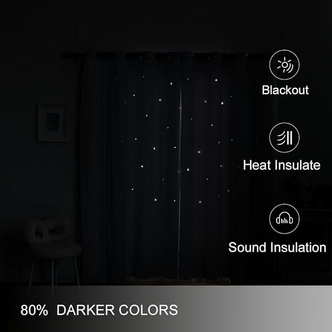 Ombre Rainbow Blackout Curtains for Kid Girls Bedroom Living Room Darking Stripe Double Layer Star Cut Out Wall Home Decor Gradient Grommet Window Curtains (Greywish White 72)