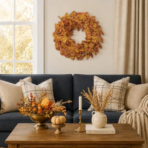 20" fall wreath for front door, artificial autumn showing dimensions