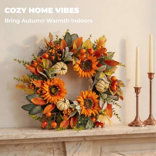 24" fall sunflower wreath for front door, view 9
