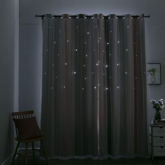 FANLI Ombre Rainbow Blackout Curtains for Kid Girls Bedroom Living Room Darking Stripe Double Layer Star Cut Out Wall Home Decor Gradient Grommet Window Curtains (Pink/Grey, 52W x 63L)