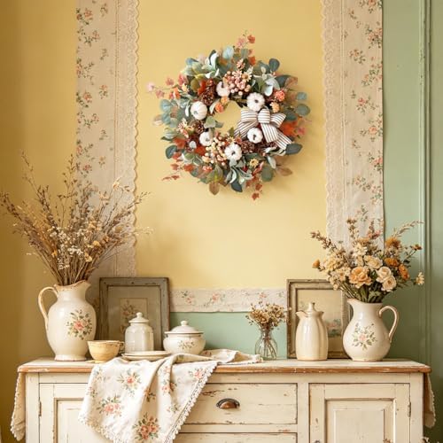 wanna-cul 24 inch farmhouse fall wreath for front, side view