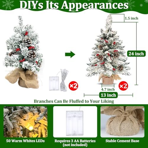 24"/2ft thick snow flocked tabletop christmas tree battery, close-up detail