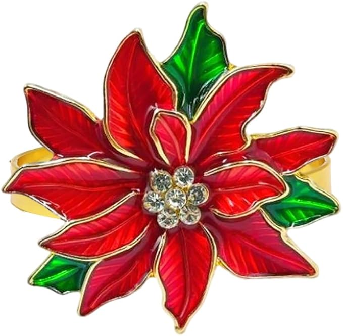 Poinsettia Napkin Rings Set of 6, Xmas Party Red Flower Napkin Holder Buckles, Thanksgiving Christmas Napkin Rings (Dark Red, One Size)