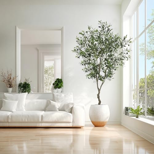7ft artificial olive tree potted plant, front angle view