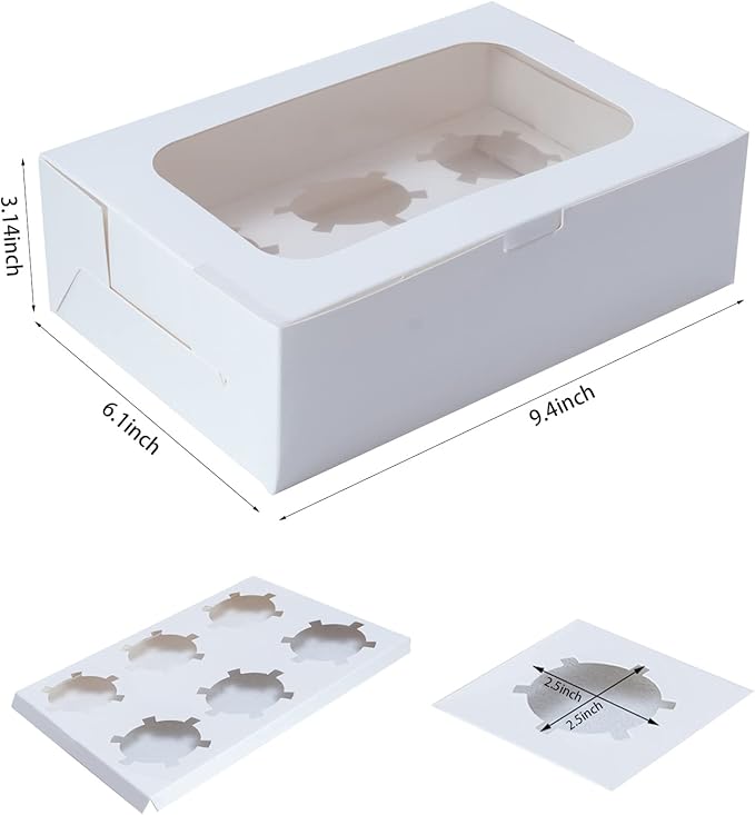 Yeplan 50 Packs Cupcake Boxes,9.4x6.1x3.14 Inches 6 Count Cupcake Box,White Cupcake Containers with Clear Window and Six Treat Holder,Pastry and Cookie Boxes,Bakery Boxes