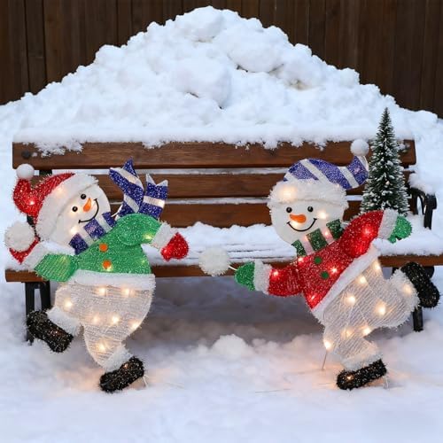 hausse set of 2 lighted snowmen christmas decorations, front angle view