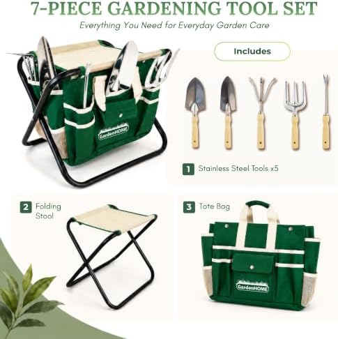 gardenhome 7-piece garden tool set with folding stool shown in use