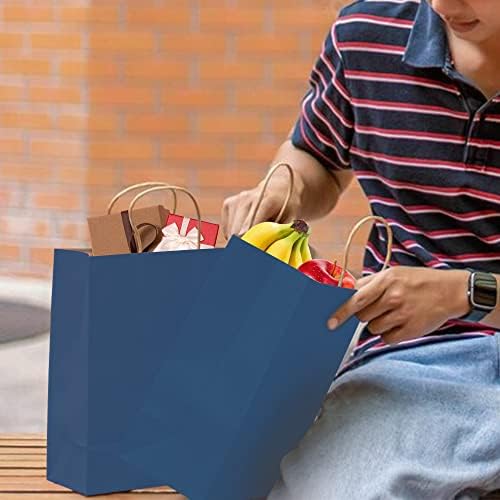 bagmad 100 Pack 8x4.75x10 Inch Medium Blue Gift Paper Bags with Handles Bulk, Kraft Bags, Craft Grocery Shopping Retail Party Favors Wedding Business Sacks (Blue, 100pcs)