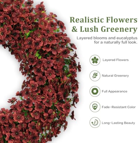 24" burgundy artificial floral wreath for front door, close-up detail