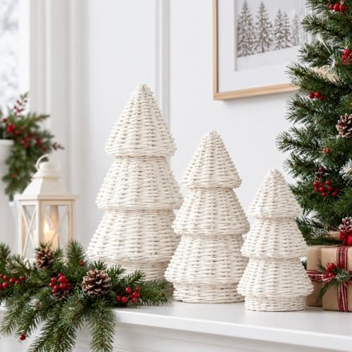 miniinflat 3 pcs woven rattan christmas tree decor, front angle view