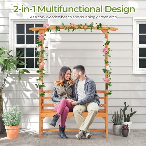 giantex garden arbor with bench, wooden garden arch, close-up detail