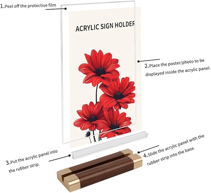 Acrylic Sign Holder 4"x 6" with Wood-Color Base, Mini Tabletop Double-Sided Display Sign Frame Vertical Clear for Store/Coffee Shop/Restaurant Menu Hotel/Office Display Holder, 3 Pack T Shape