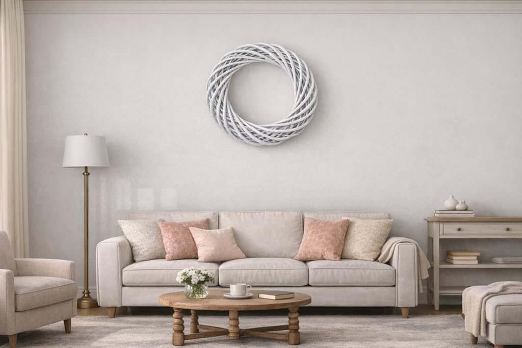 grapevine wreath, 18 inches rustic gray color willow, side view