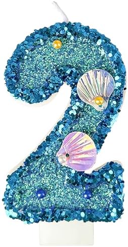 Blue Shell Sequin Number Candle Birthday Cake Number Candle for Mermaid Theme Party, Wedding, Party, Party Decoration Supplies (2)