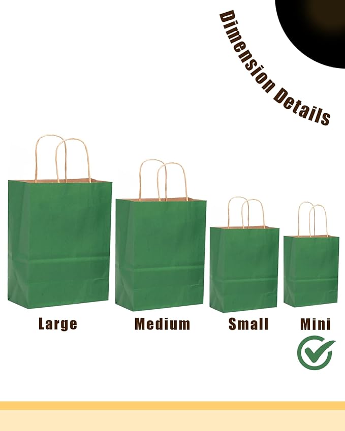 qiqee 50-Packs Kraft Deep Green Paper Gift Bags with Handles Bulk 4.5"x2.5"x6" Mini Size Party Favor Bags Multiple Uses