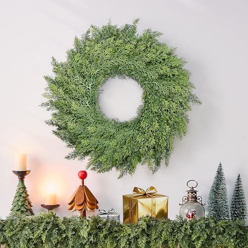 22 inch real touch cedar wreath, artificial greenery, side view