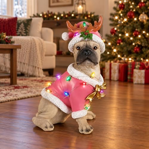lighted christmas french bulldog statue, pink outfit and, package contents