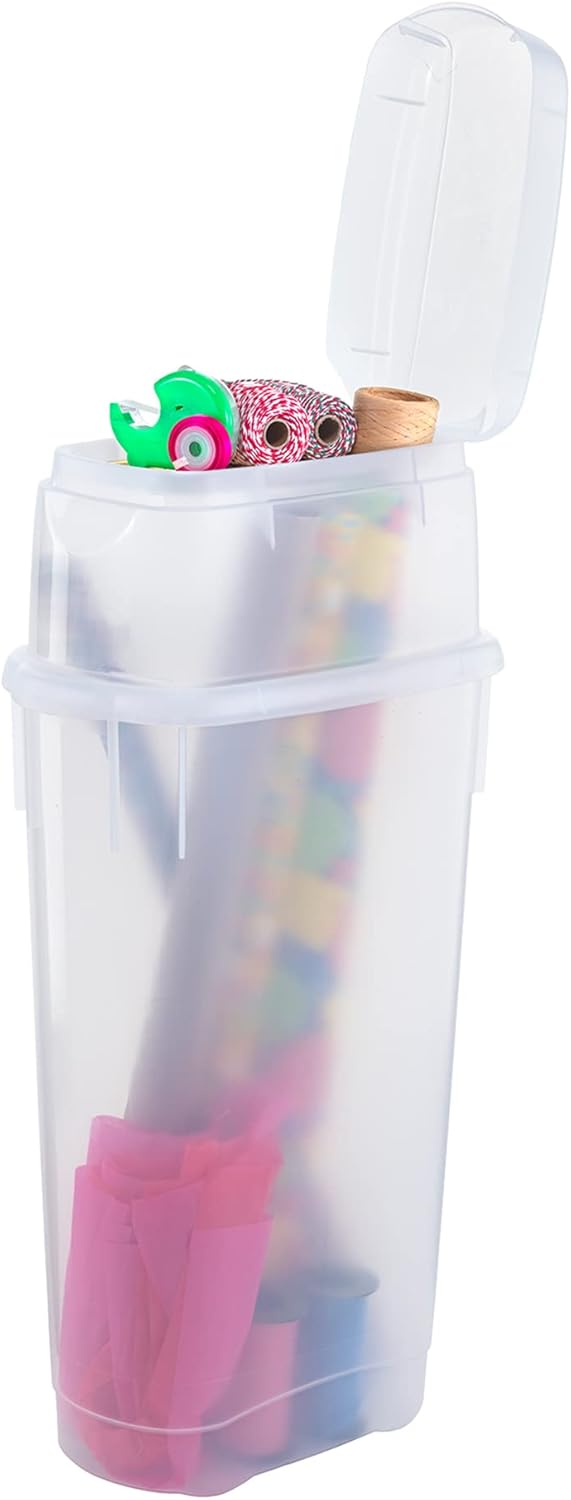 Rubbermaid Wrap N' Craft Plastic Wrapping Paper Organizer Storage Container with Top Ornament Storage Compartment for 20 Standard 30 Inch Rolls, Clear