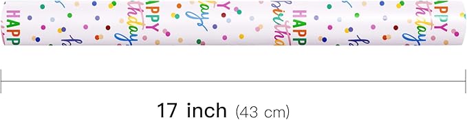 LeZakaa Birthday Wrapping Paper Roll, Happy Birthday Lettering & Colored Polka Dots Design in White for Holiday, Party, Baby Shower, 17 inches x 32.8 Feet (46.45 sq.ft.)