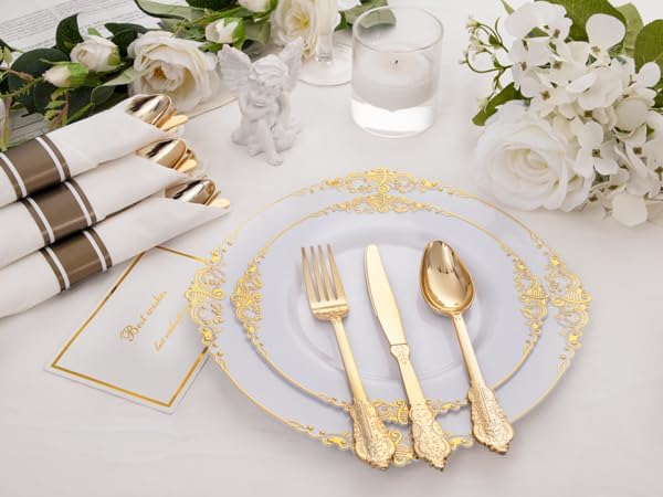 400PCS Pre Rolled Gold Plastic Silverware Sets - Heavy Duty Fancy Gold Cutlery - Include 100 Pack Wrapped Disposable Utensils with Napkins for Parties, Dinners & Weddings