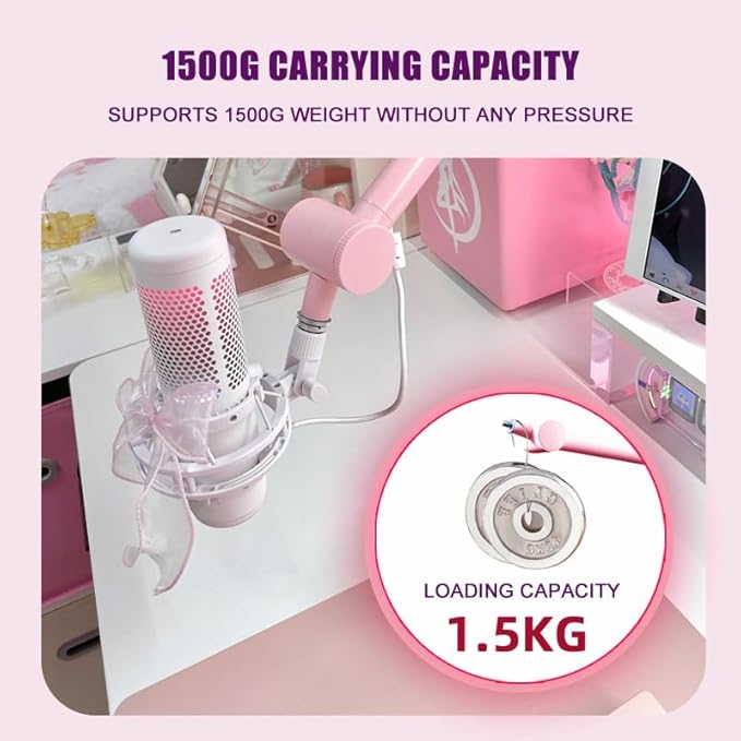 BOMGE Boom Arm Mic Stand - Adjustable Heavy Duty Suspension Boom Scissor Arm Stand with Cable Management Channels, Desk Clamp for Podcasts, Streaming, Gaming, Home Office, Recording (Pink)