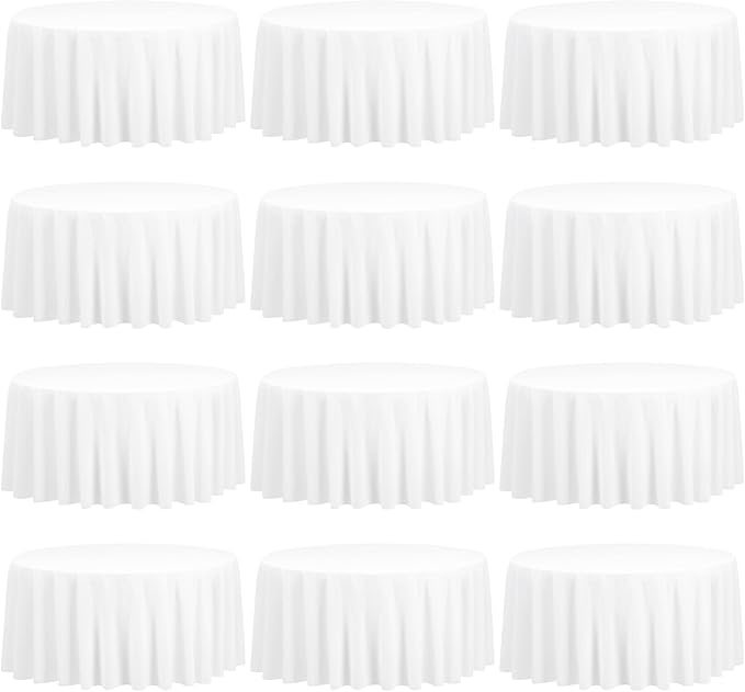 12 Pack 108 Inch Round Tablecloth, White Polyester Fabric Table Cloth for Round Table, Stain and Wrinkle Washable TableCover for Wedding Party Dining TableBuffet Restaurant Banquet and Camping