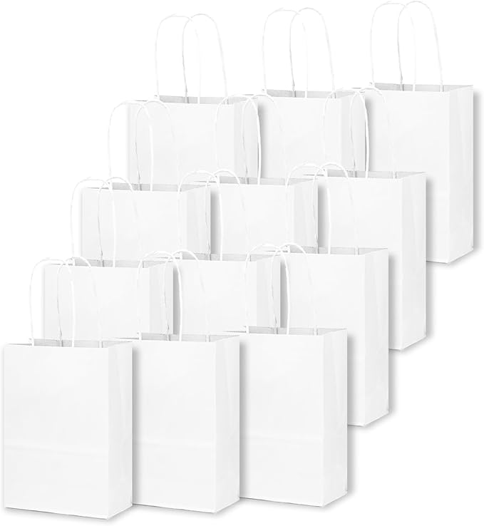 qiqee 25 Pcs White Mini Paper Gift Bags with Handles 6"x4.5"x2.5" Small Brown Kraft Party Favor Treat Bags Multiple Uses (Mini size)