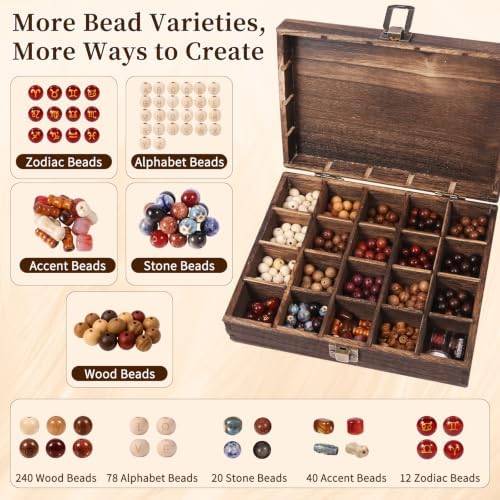 bracelet making kit for adults, 397pcs 10mm wooden, close-up detail