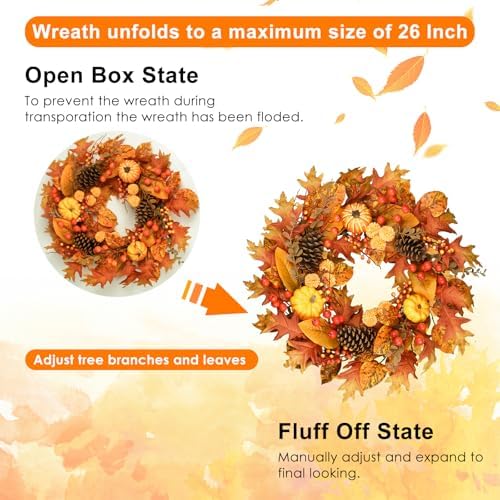 24 inch fall wreath for front door, pumpkin, package contents
