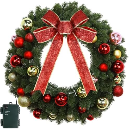juegoal 21 inch pre-lit christmas wreath with metal, front angle view
