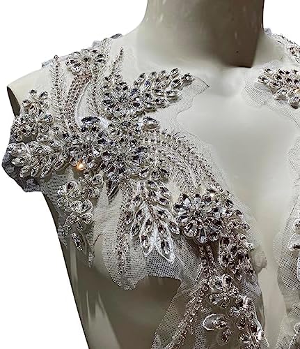 1Pair White Rhinestone Appliques for Dress,Suits,Gown,Clothing(White)