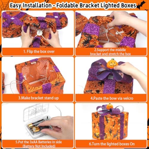 3 pieces lighted boxes halloween decorations, lighted gift, front angle view