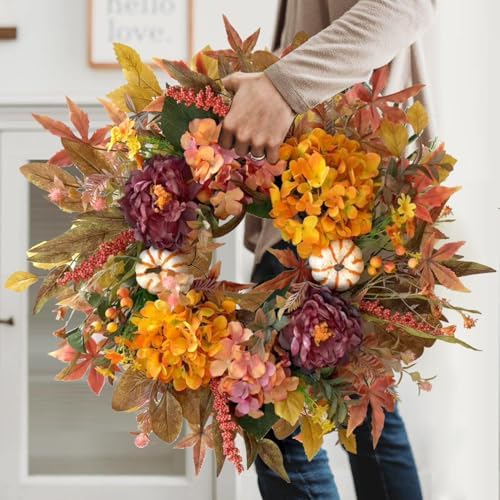 wanna-cul 24 inch fall harvest front door wreath, side view